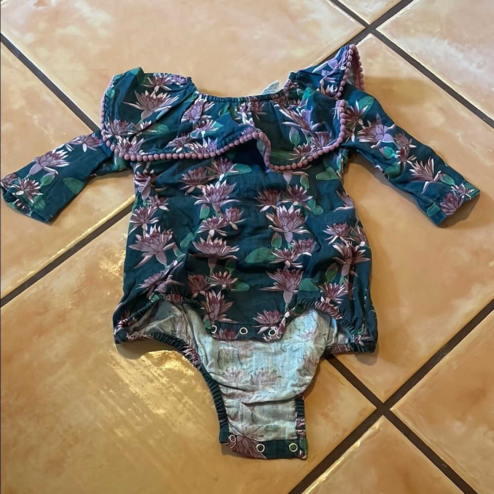 Kate Quinn Blue and Pink Bodysuit with Ruffle Detail